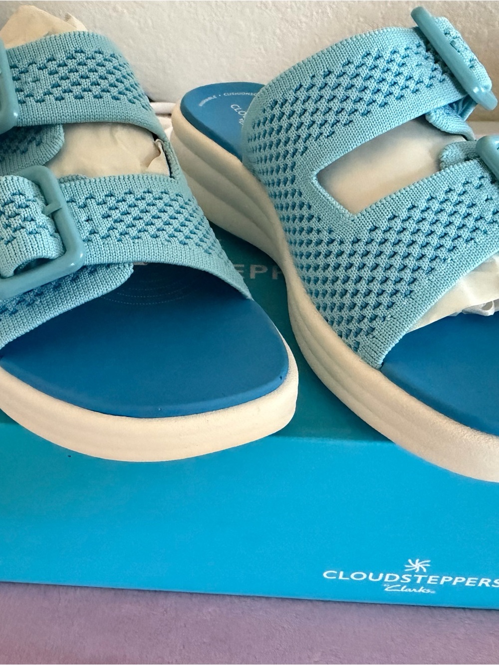 Clarks Kids CloudSteppers Light Blue Knit Slide Sandals